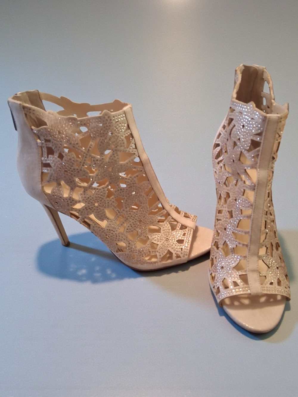 Jessica Simpson Beige Laser-Cut Peep-Toe High Heel Booties